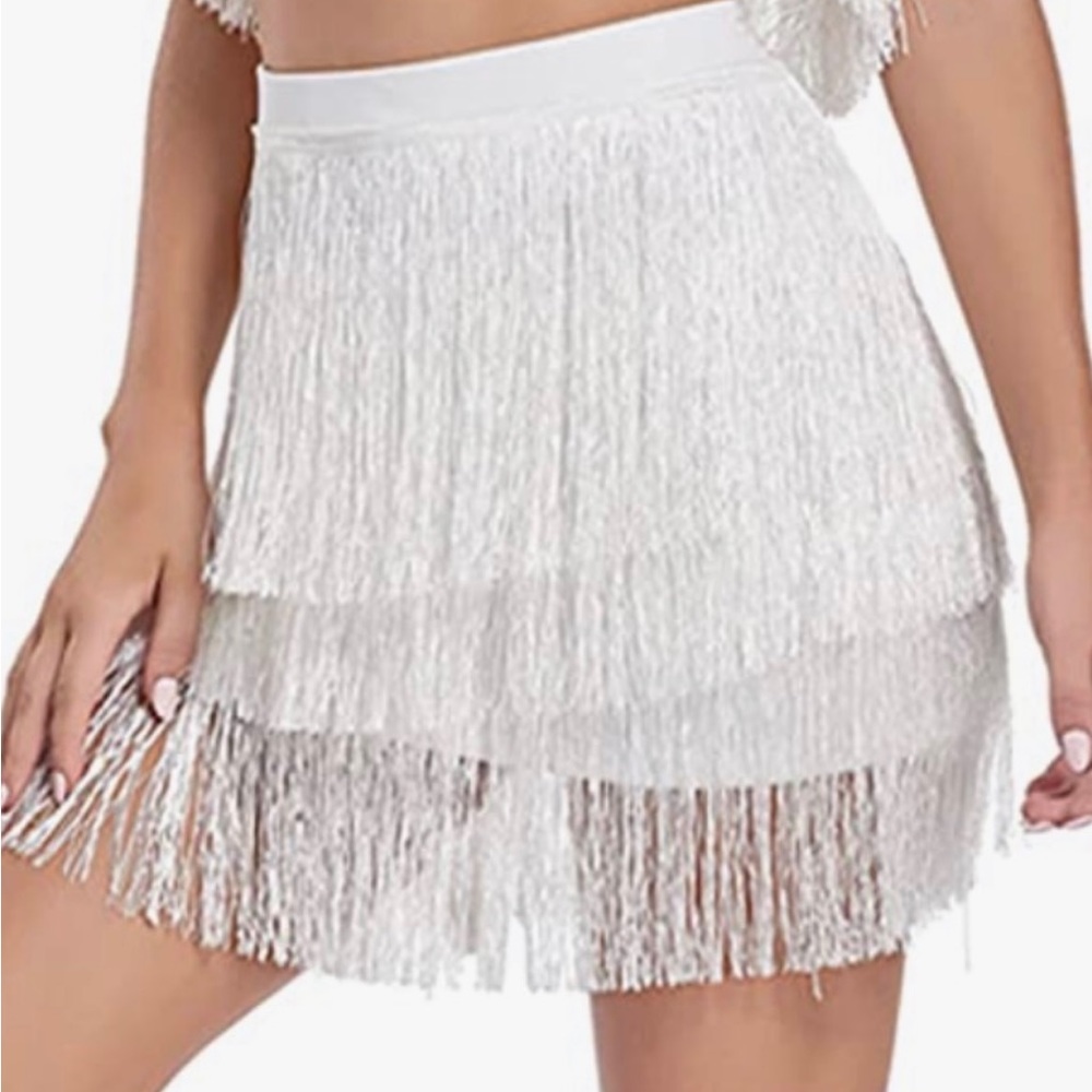 Fringe Stretchy Skirt White
